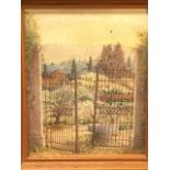 John Kim, oil on canvas, garden landscape through wrought iron gates, signed & pine framed. (10.25in