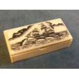 A rectangular bone snuff box, the hinged lid with penwork marine scene of a sailboat and leaping