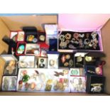 A collection of brooches, many boxed, some silver, enamelled, bling, micro-mosaic, carved,