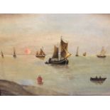 T Johnson, Edwardian naive oil on board, sailing & rowing boats with figures, titled Sun Set,