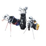 Three golf bags containing 35 golf clubs of varying makes and sizes, including putters, drivers,