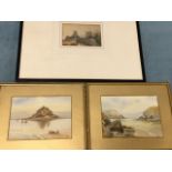 An Edwardian pencil and watercolour of Warkworth from the bridge, unsigned, mounted & framed; and