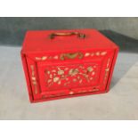 A boxed mahjong set with later painted decoration to mother-of-pearl inlaid case, the five drawers