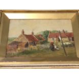 WB Mitchell, oil on board, cottages with figure hanging washing, titled to verso On the Road to
