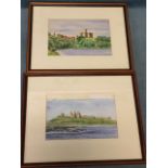 David Lees, coloured prints, a pair, Warkworth & Dunstanburgh Castle landscapes, signed in print,