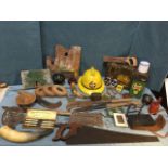 Miscellaneous items including artists palettes, door furniture, horns, a glass fishing net float,