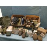 Miscellaneous army gear including 12 water bottles, a gas mask box, cans, belts, leather