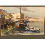 Ronald Moore, watercolour, Seahouses Harbour with figures, signed, mounted & framed. (18.75in x 12.