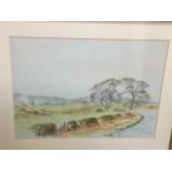 Carol Hagemann Dodds, pastel, landscape with church tower and road, titled Whittingham from Glanton,