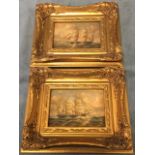 A Ness, oil on boards, a pair, marine scenes with three-masted cutters in full sail, signed and gilt