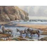 I Rory Knox Grove, watercolour, donkeys on beach being lead by figure beneath cliffs, signed and