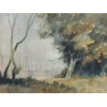 Michael Aubrey, watercolour, landscape with trees, signed, label verso titled Towards Ashton Wold,