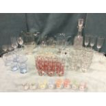 Miscellaneous glasses and jugs including a decanters & stoppers, a cordial set, a set of six
