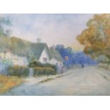 S Hart, late Victorian watercolour, country street scene with figure on path outside thatched inn,