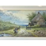 Nineteenth century watercolour, country track by thatched cottage with children by pond, signed