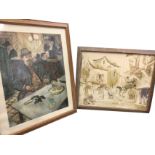An oak framed Toulouse Le Trek print, interior scene with gentleman at table; an oak framed Doyly