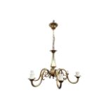 A Dutch style chandelier with tapering column supporting six scrolled branches with candlelights,