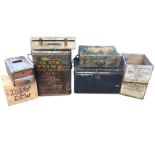 Miscellaneous wood boxes including a tail bomb box, an antique domed top brass studded trunk,