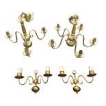 A Dutch style brass chandelier with five scrolled branches around a column with ball terminal,