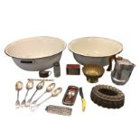 Miscellaneous metalware including a fluted benares brass bowl, a jelly mould, a Piquot Ware jug, a
