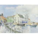 Giles Le Maitre, pencil & watercolour, harbour scene with figures on quayside, signed, mounted and