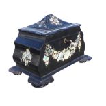 A Victorian papié maché tea caddy finely inlaid with mother-of-pearl decoration, the hinged pagoda