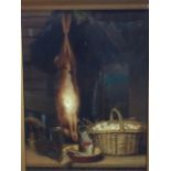 Thomas Sword Good, oil on board, still life with hanging hare and basket of eggs, rams head and fish