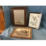 An oak framed mirror with bevelled plate; a Raphael Tuck framed print of birds; and a framed print