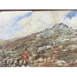 HE Wharton, pen and ink with watercolour, hunting landscape scene, signed and dated 1924, pencil