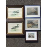 A pair of framed Victorian style bird prints; a pair of framed Heaton Cooper Lake District prints;