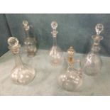 Five miscellaneous glass decanters/jugs & stoppers - ovoid, greek key engraved, facet necked, one