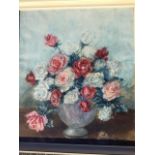 Marion Broom, watercolour, still life with vase of red & white roses, signed and framed. (20.75in