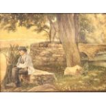 Watercolour, seated figure on wall by stone bridge, tree and stream, unsigned, in rosewood frame. (