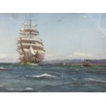 Patrick Downie, pencil & watercolour, tall ship in full sail with other boats and seagulls to