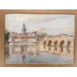 JK Maxton, watercolour, Berwick upon Tweed old bridge from Tweedmouth with town hall spire in