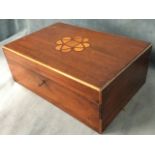 A mahogany dressing box with marquetry inlay to lid, having interior with mirror and divisioned