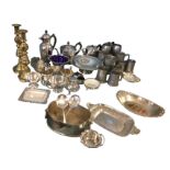 Miscellaneous silver plate and pewter including tankards, teapots & hotwater jugs, butterdishes with