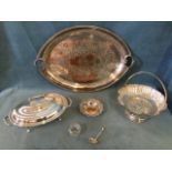 Miscellaneous silver plate including an oval tray with gadrooned rim, a glass salt with hallmarked
