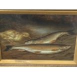 James Inglis, oil on canvas, study of two trout on riverbank with curious duckling, signed & dated