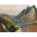 After Alfred de Breanski, oil on canvas, Scottish loch landscape with waterfall and pair of stags