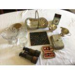 Miscellaneous items including a pair of old French binoculars, glass, a set of dominoes, a silver