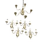 A Dutch style brass chandelier, with column supporting five scrolled branches with brass cups,