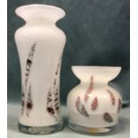 Two Norwegian art glass vases by Randsfjordglass with leaf style designs to overlaid milk glass. (