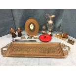 Miscellaneous items including a rectangular Indian brass tray, a glass claret jug with silver plated