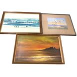 A 60s old framed photograph of Berwick bridges; an HD Manual oil on board of Bamburgh at sunset,