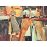 Tremer, oil on canvas, abstract style figures at a bar, signed and framed. (39.5in x 29.75in)