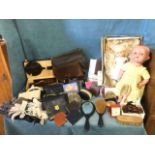 Miscellaneous collectors items including boxed hair brush sets, boxed compacts, leather bags &