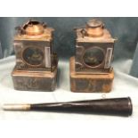 A pair of Welch Patent railway oil lamps, the square lanterns with circular glass windows to all