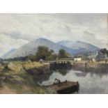 W Foster, watercolour, canal landscape with lock and children on bank, labelled to verso Corpach