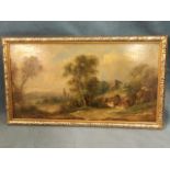 Nineteenth century oil on board, landscape with cottage beneath ruin, signed indistinctly, in